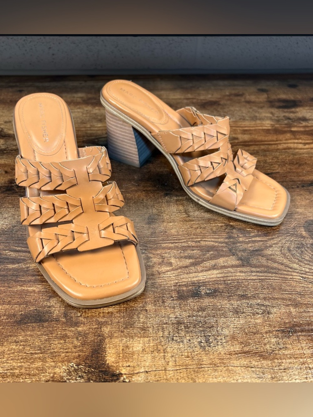 Marc Fisher Sandals Matina Tan Stack Heel Slip On Open Toe Woven Straps 7.5‎